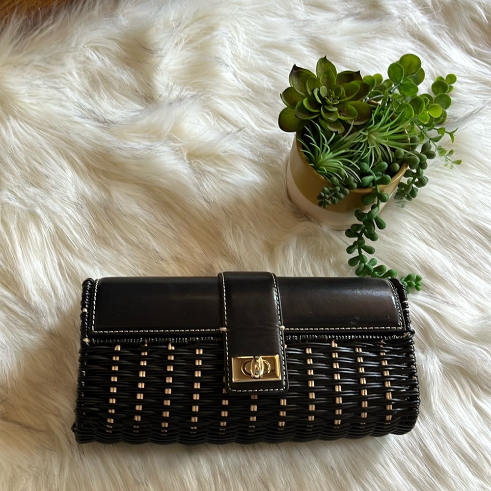 Sophisticated Black Woven Clutch with Gold Accents